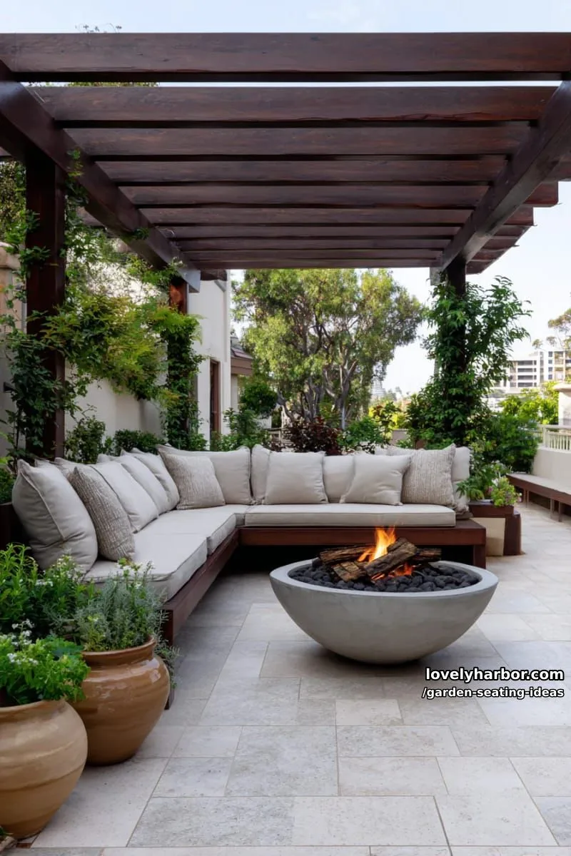 dark pergola, l-shaped sectional, tile flooring, potted plants, and fire pit 1