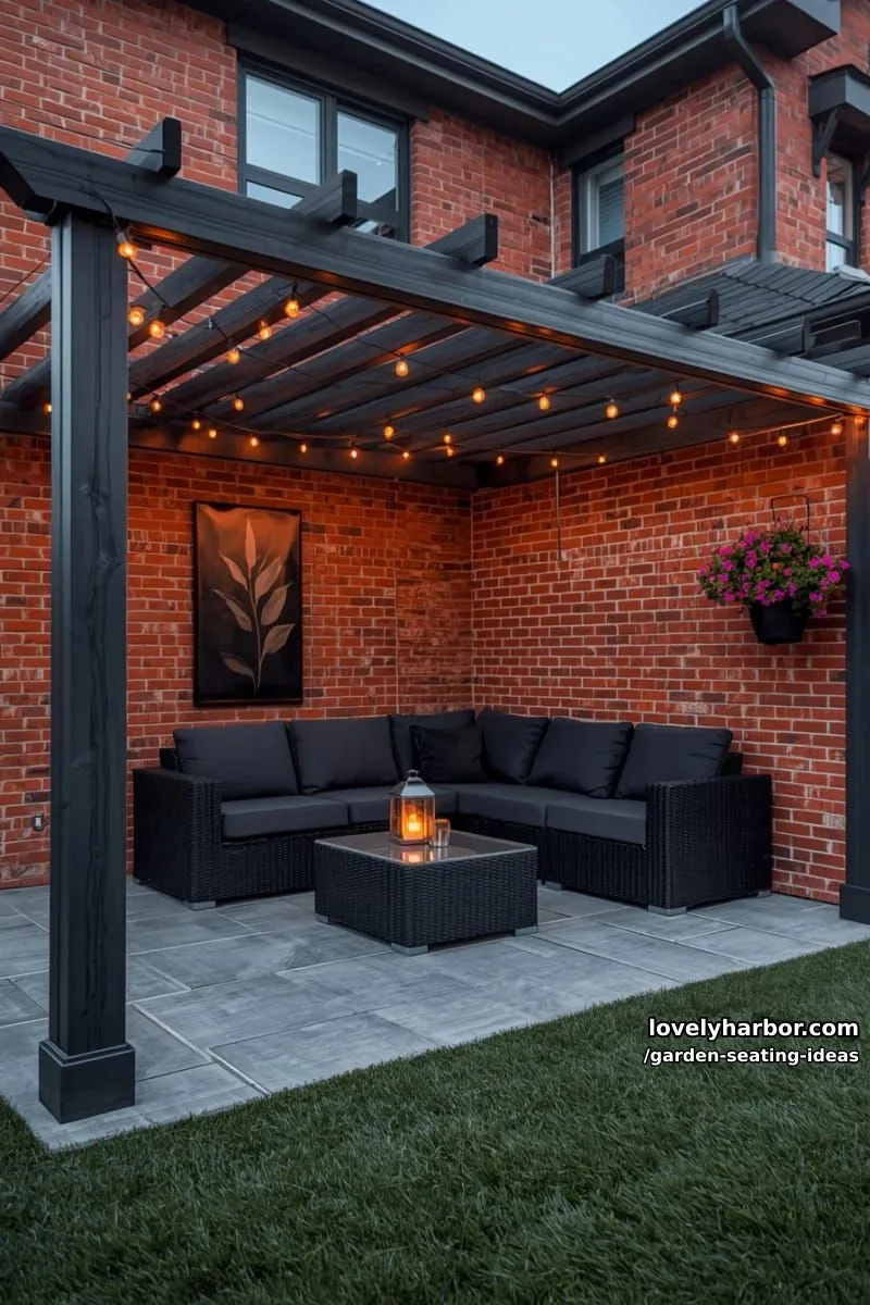 dark pergola, l-shaped sectional, tile flooring, potted plants, and fire pit 1