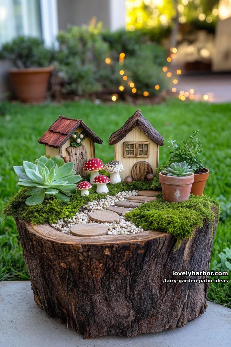 decorate a tree stump with fairy houses, mushrooms, and pebble walkways. 1