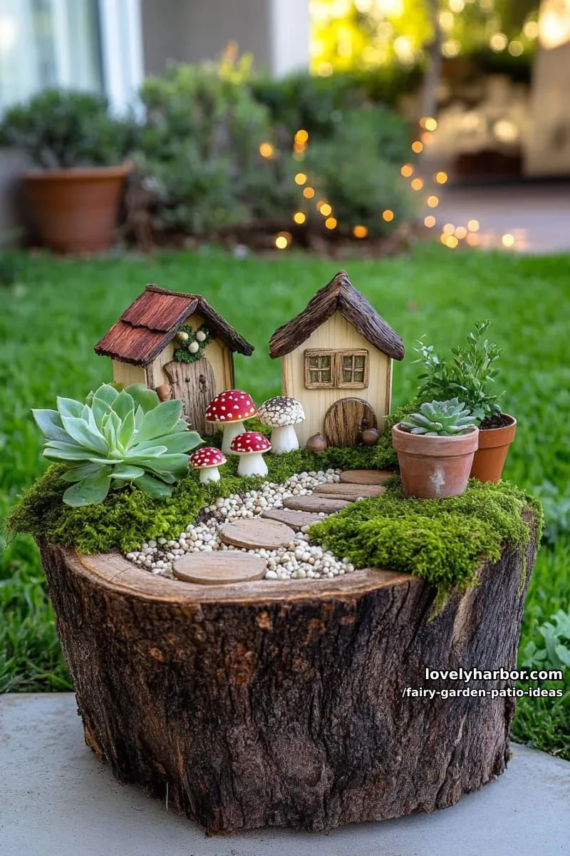 15 Enchanting Fairy Garden Patio Ideas to Inspire Your Space 22 decorate a tree stump with fairy houses, mushrooms, and pebble walkways. 1