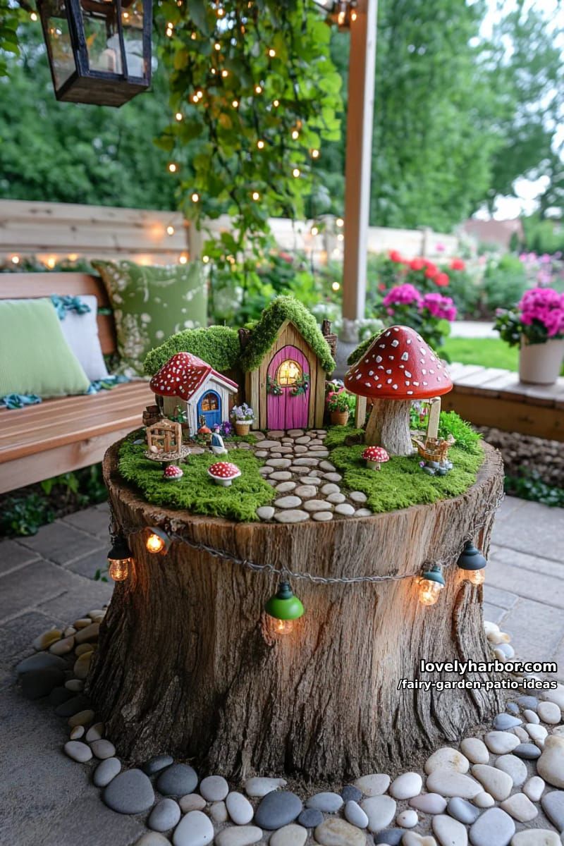 decorate a tree stump with fairy houses, mushrooms, and pebble walkways. 1