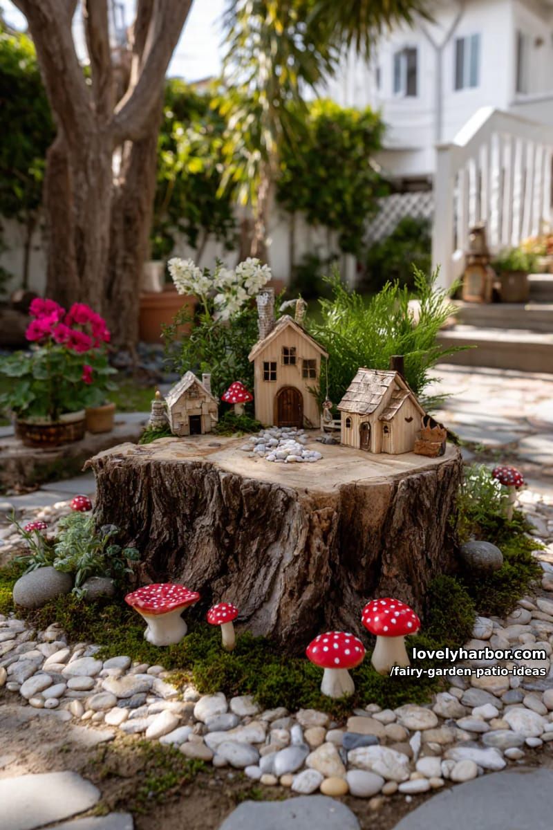 decorate a tree stump with fairy houses, mushrooms, and pebble walkways. 1