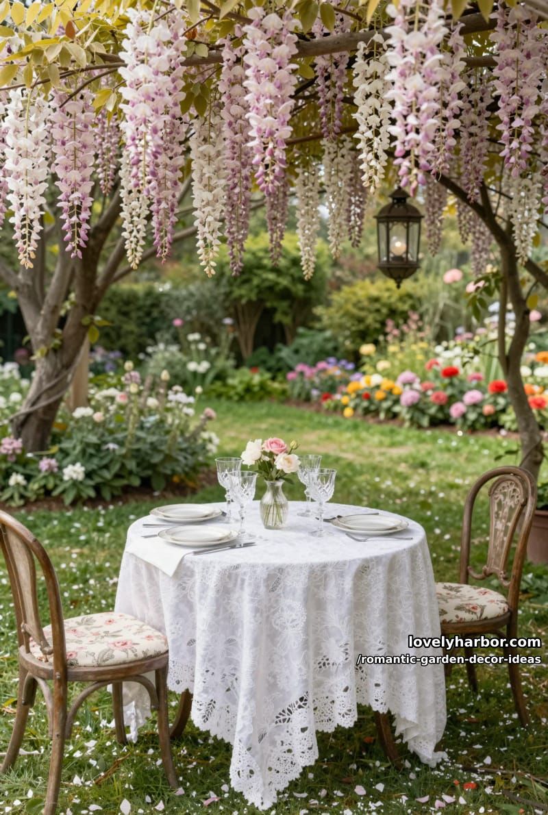 delicate lace table settings under flowering canopies for romantic dinners 1