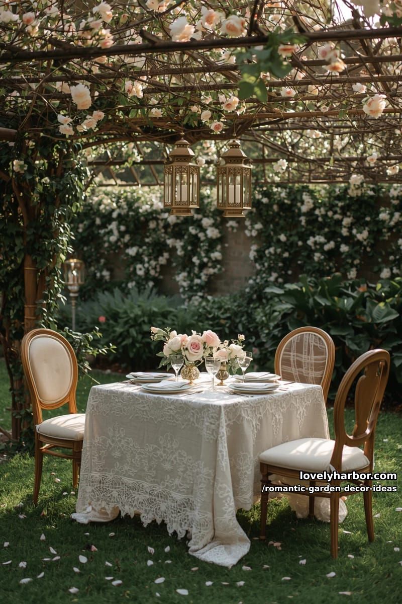 delicate lace table settings under flowering canopies for romantic dinners 1