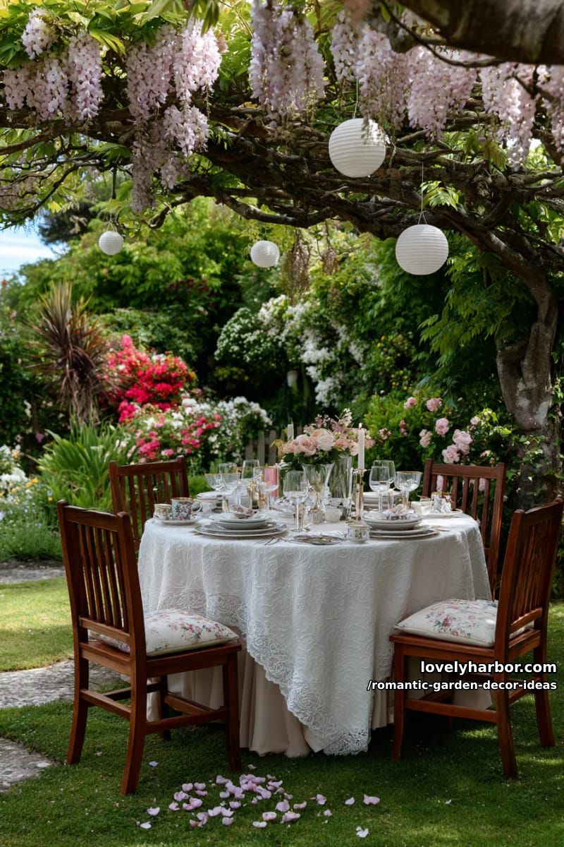 delicate lace table settings under flowering canopies for romantic dinners 1
