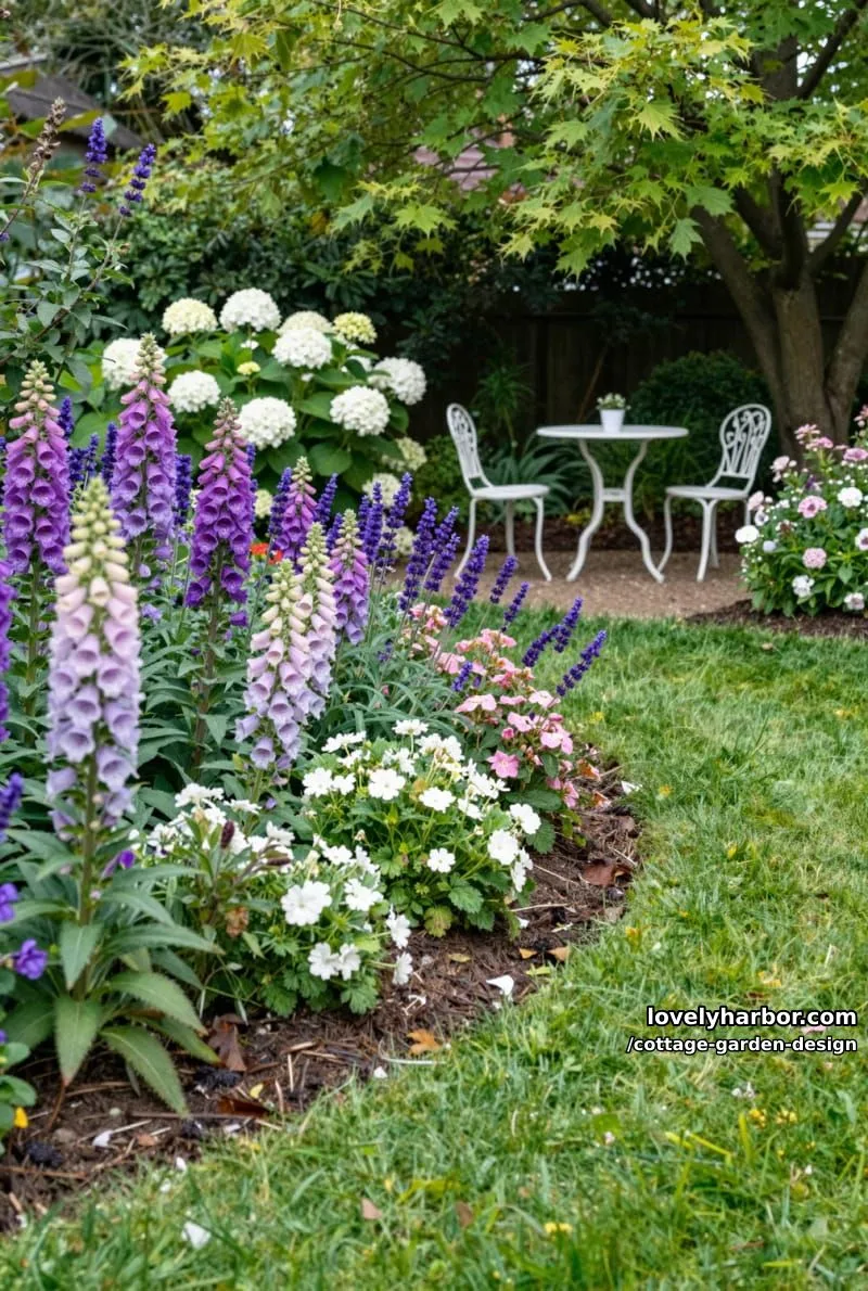 dense cottage flower beds, foxgloves, hydrangeas, and white iron seating 1