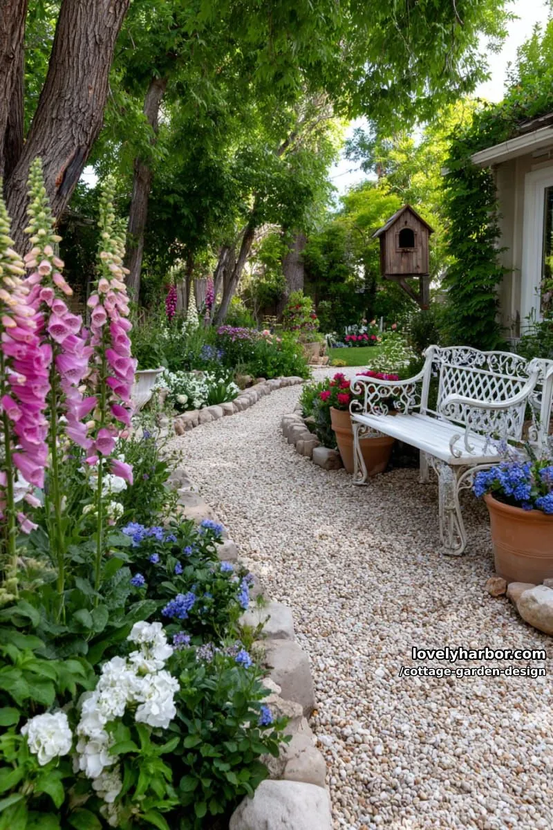 dense cottage flower beds, foxgloves, hydrangeas, and white iron seating 1