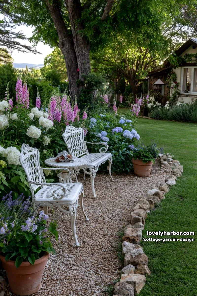 dense cottage flower beds, foxgloves, hydrangeas, and white iron seating 1