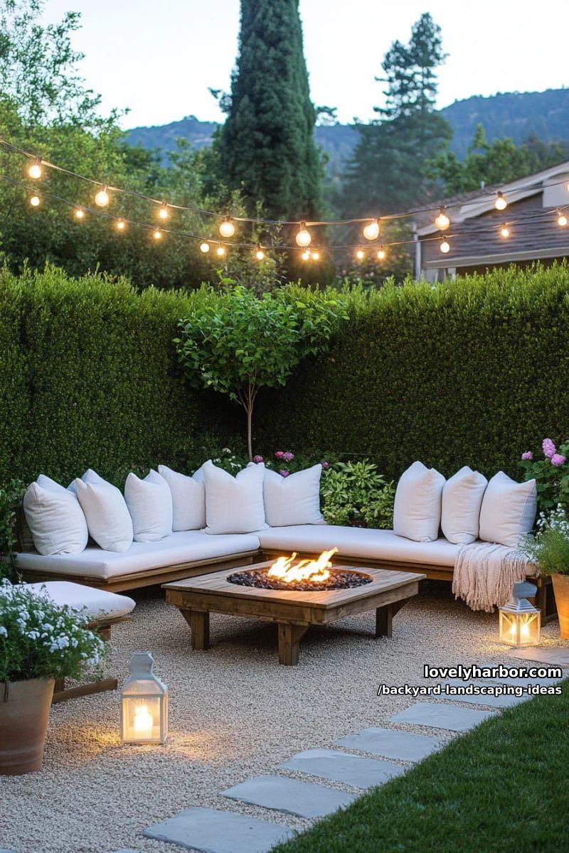 design a cozy seating nook with string lights and tall privacy hedges. 1