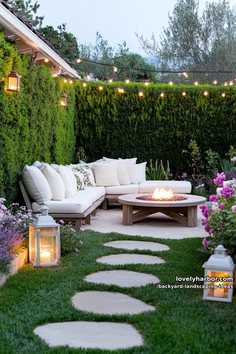 design a cozy seating nook with string lights and tall privacy hedges. 1