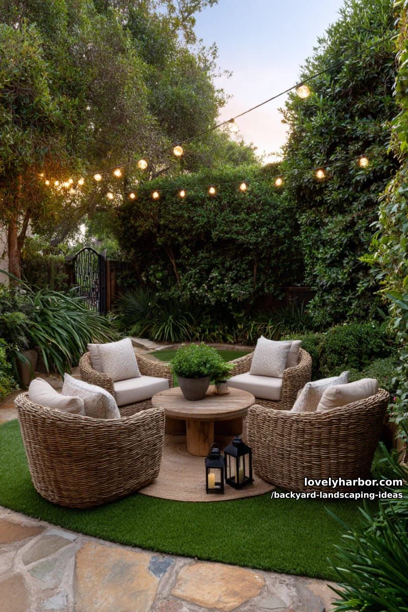 design a cozy seating nook with string lights and tall privacy hedges. 1