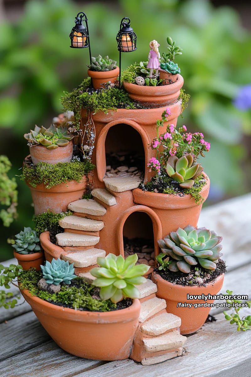 design a multi-level fairy village using stacked terra cotta pots and succulents. 1