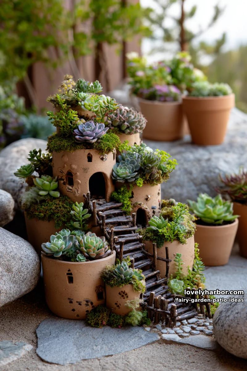 design a multi-level fairy village using stacked terra cotta pots and succulents. 1