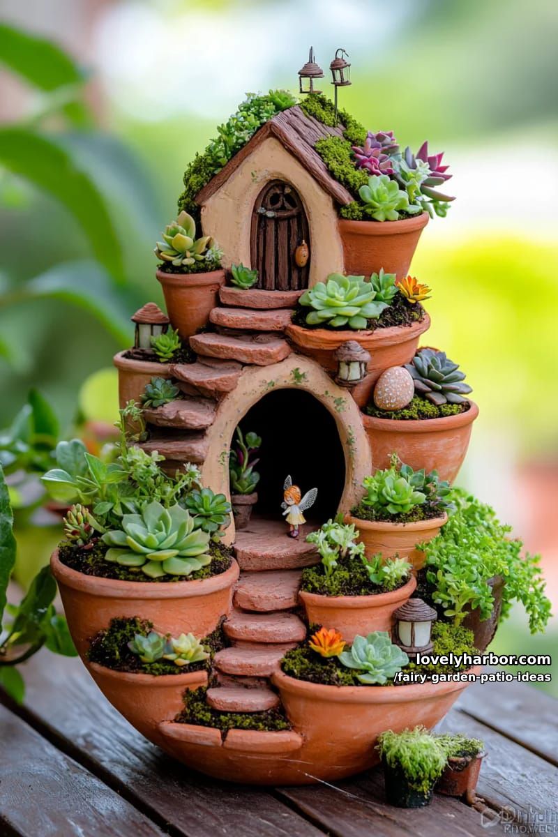 design a multi-level fairy village using stacked terra cotta pots and succulents. 1