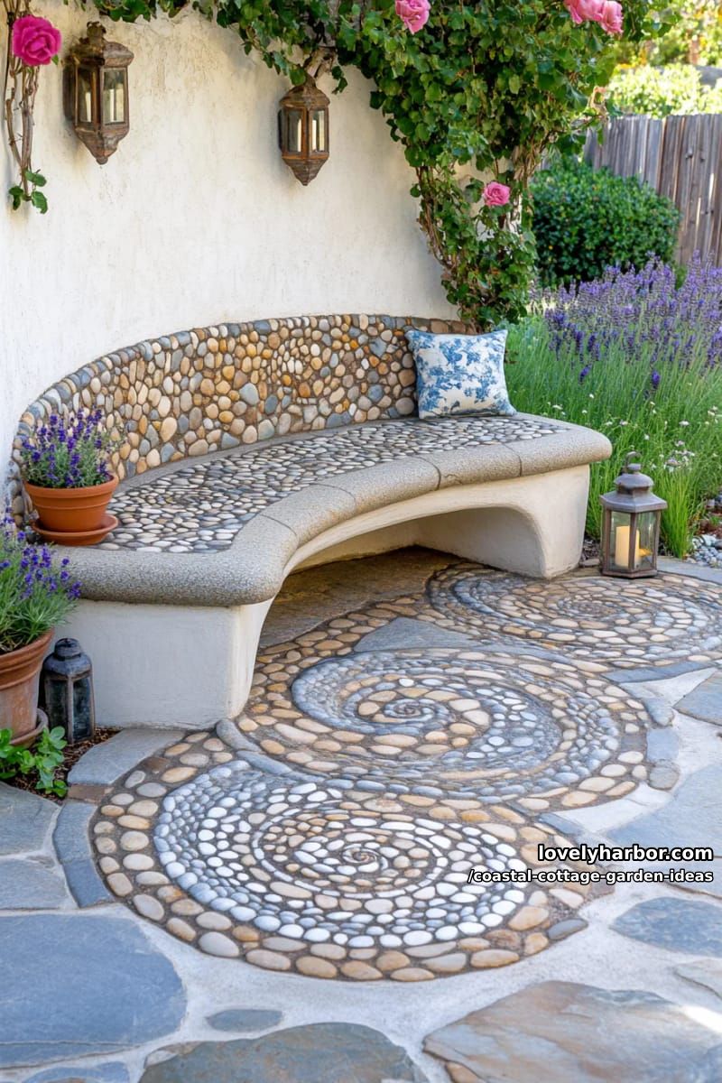 design a pebble mosaic seating nook surrounded by ornamental grasses 1