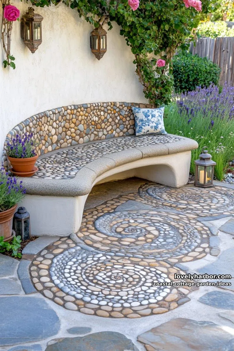 design a pebble mosaic seating nook surrounded by ornamental grasses 1