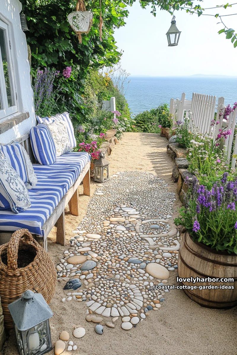 design a pebble mosaic seating nook surrounded by ornamental grasses 1