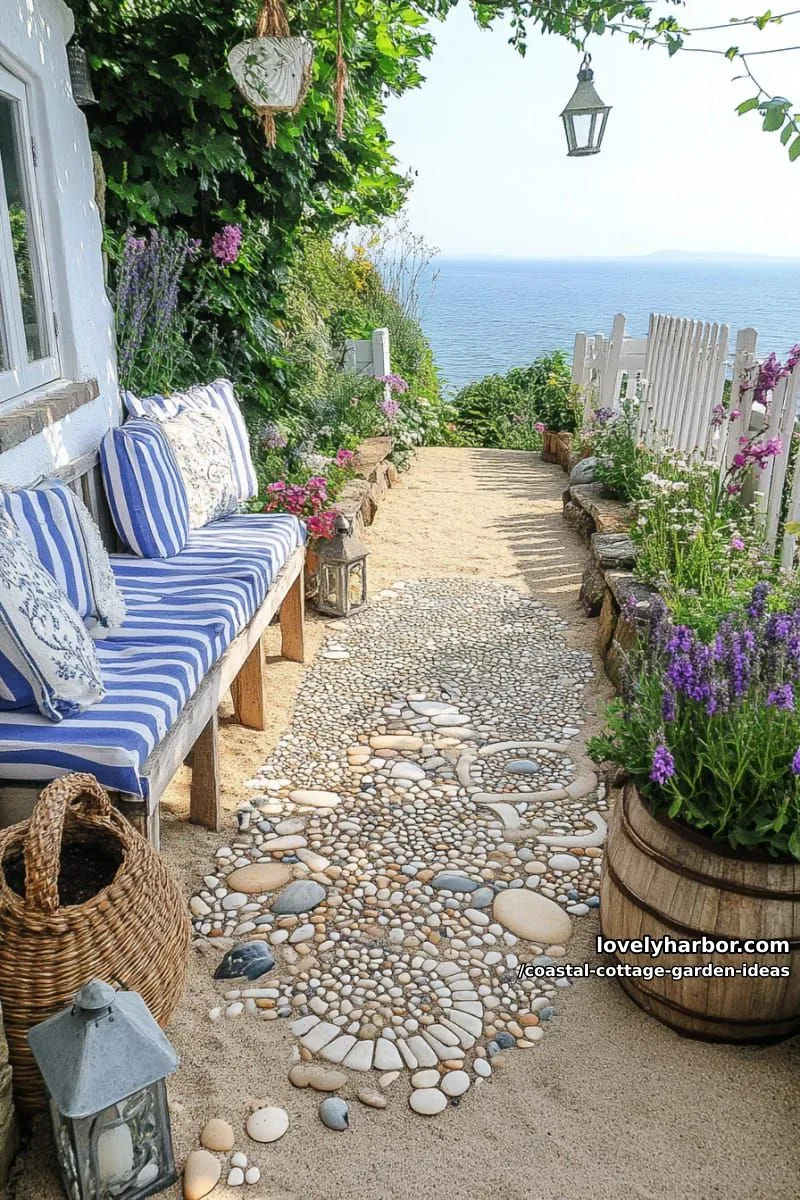 design a pebble mosaic seating nook surrounded by ornamental grasses 1