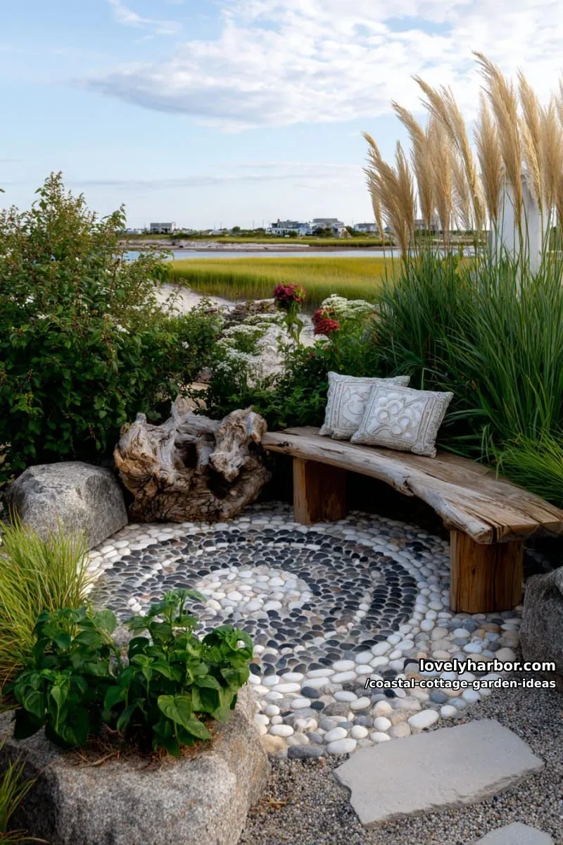 design a pebble mosaic seating nook surrounded by ornamental grasses 1