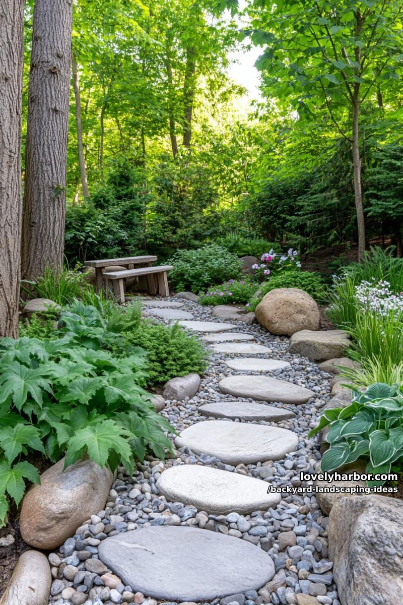 design a winding dry creek bed with smooth river rocks and ferns. 1