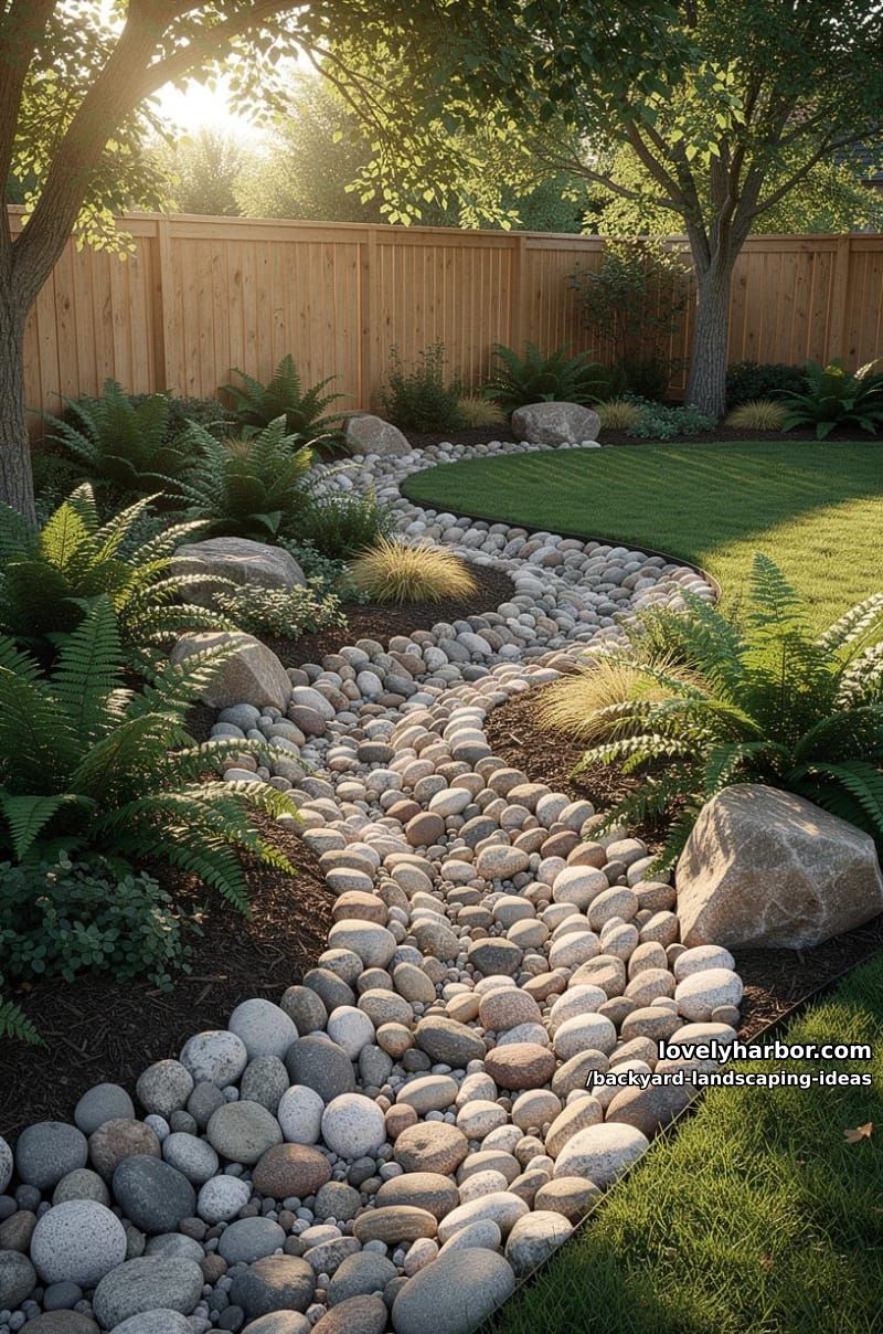 design a winding dry creek bed with smooth river rocks and ferns. 1