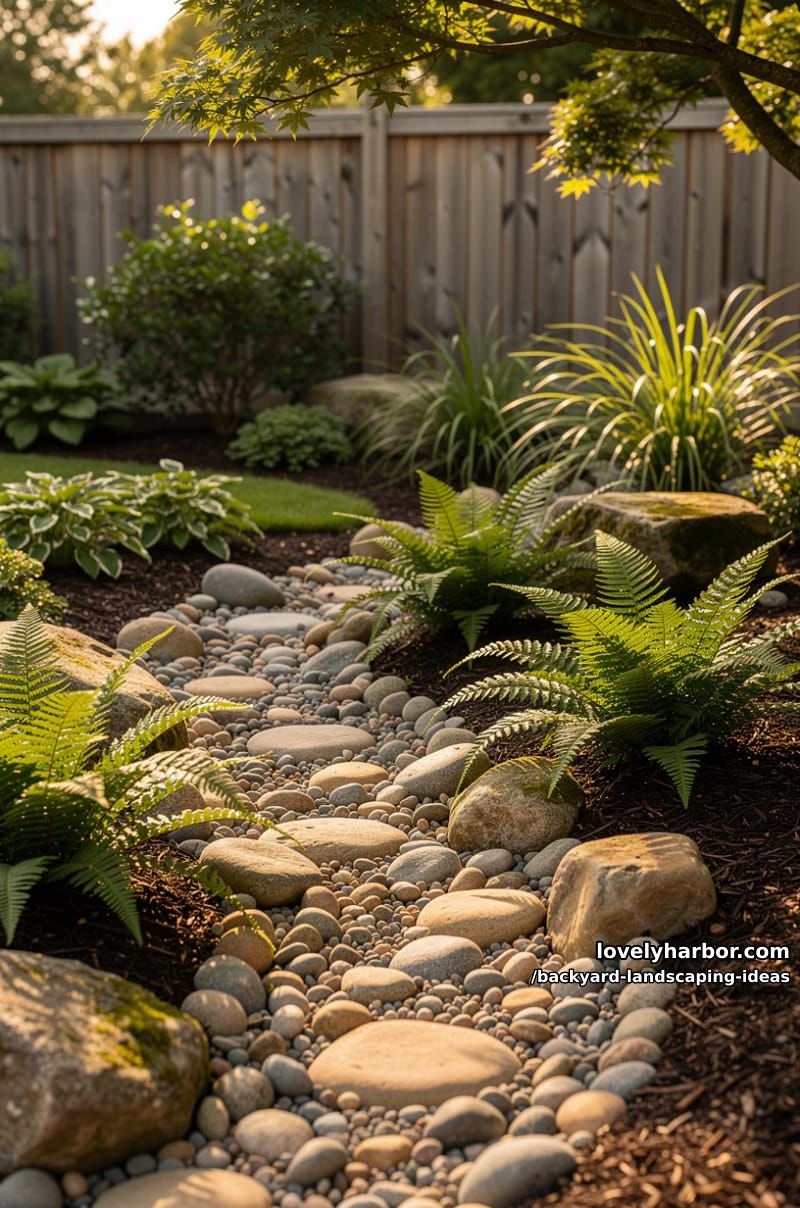 design a winding dry creek bed with smooth river rocks and ferns. 1