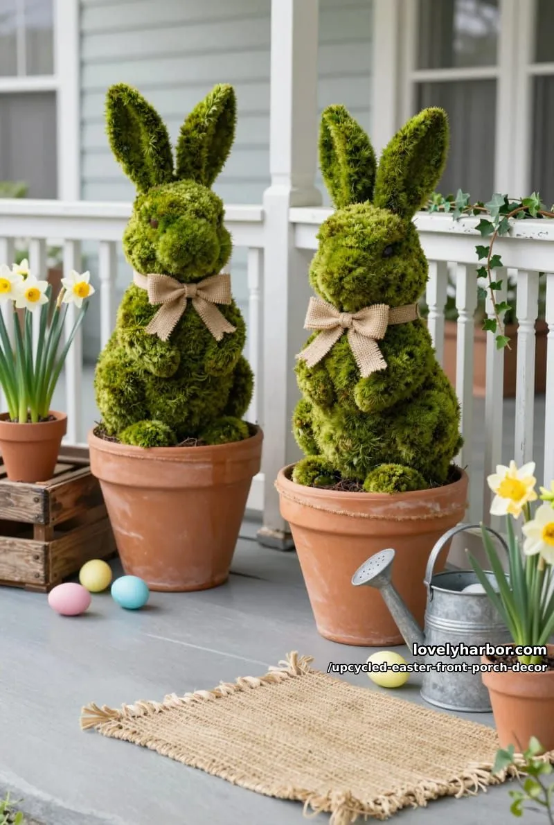 diy moss bunny topiary using old garden pots and tied burlap bows 1