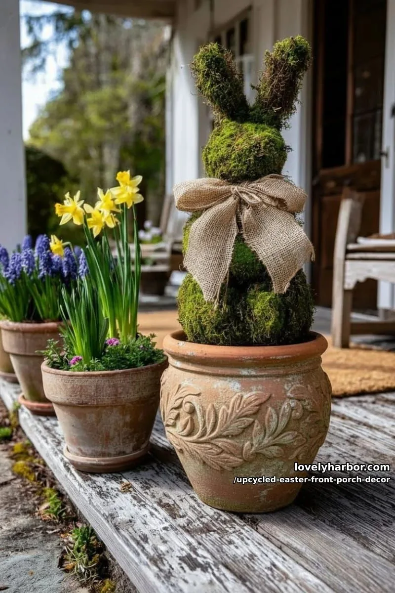 diy moss bunny topiary using old garden pots and tied burlap bows 1