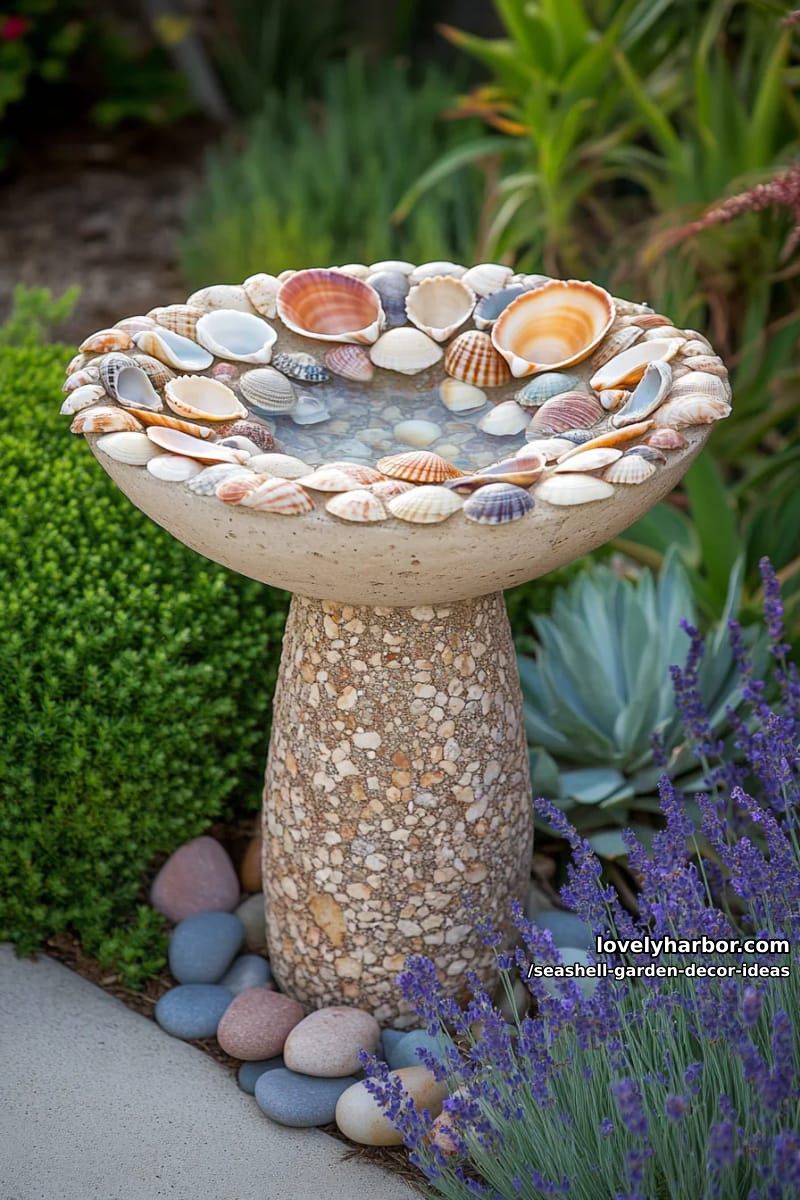 diy seashell birdbath on a stone base 1