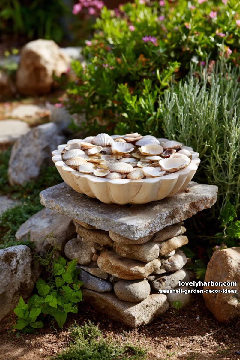 diy seashell birdbath on a stone base 1