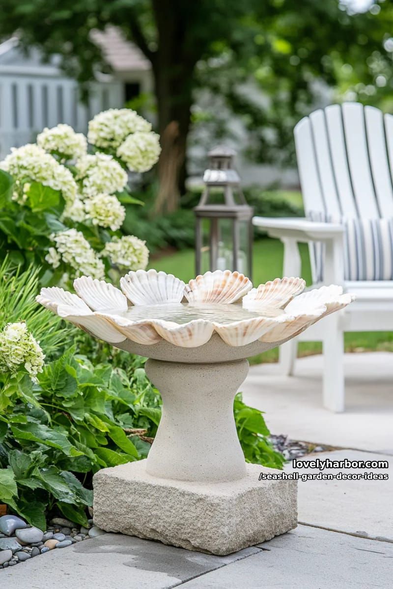 diy seashell birdbath on a stone base 1