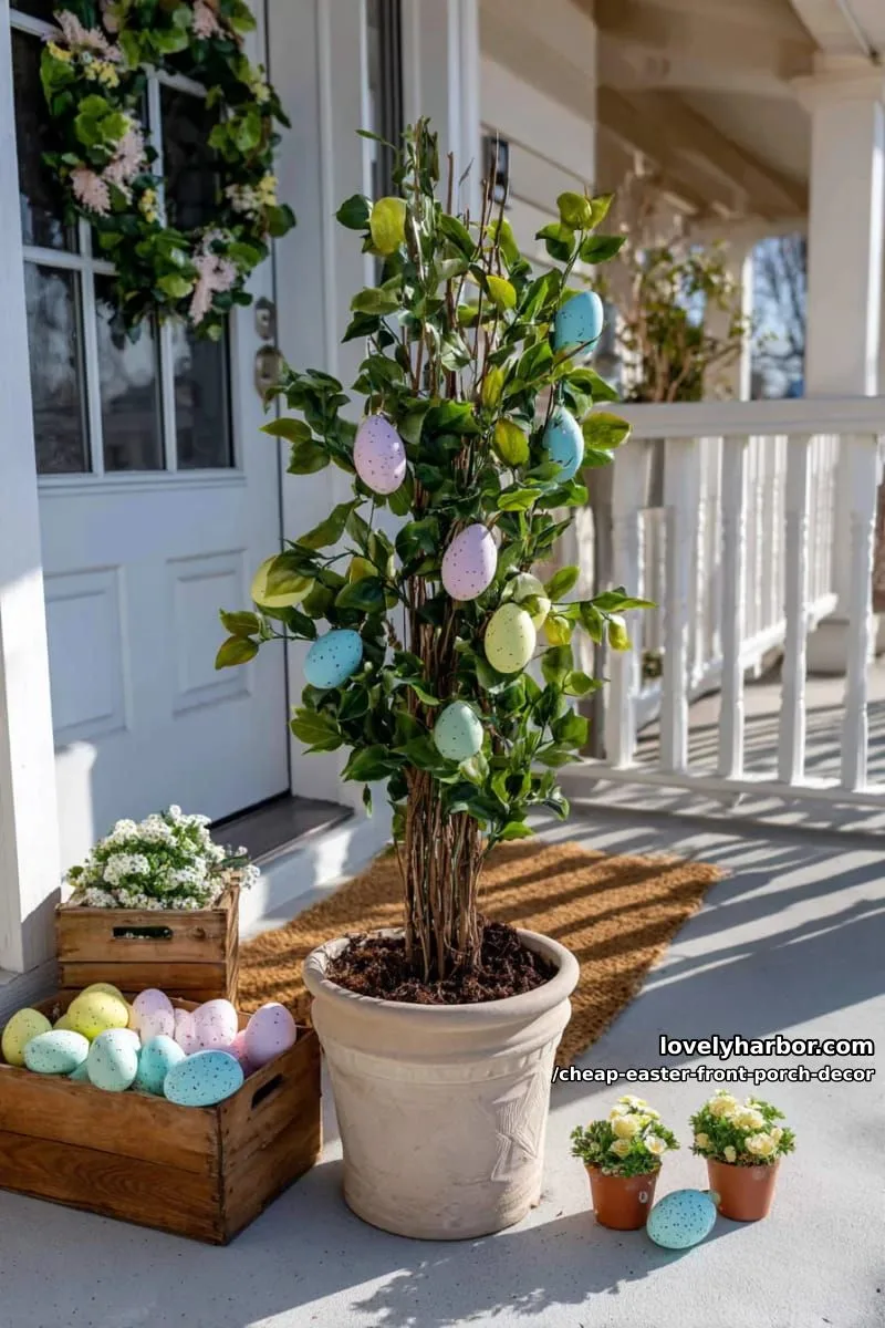 15 Cheap Easter Front Porch Decor Ideas On A Budget 30 diy topiary using dollar store foam eggs and thrifted greenery 1