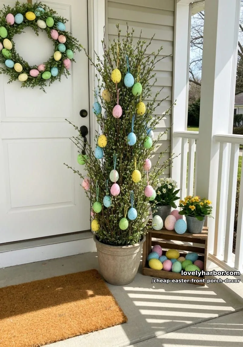 15 Cheap Easter Front Porch Decor Ideas On A Budget 31 diy topiary using dollar store foam eggs and thrifted greenery 1