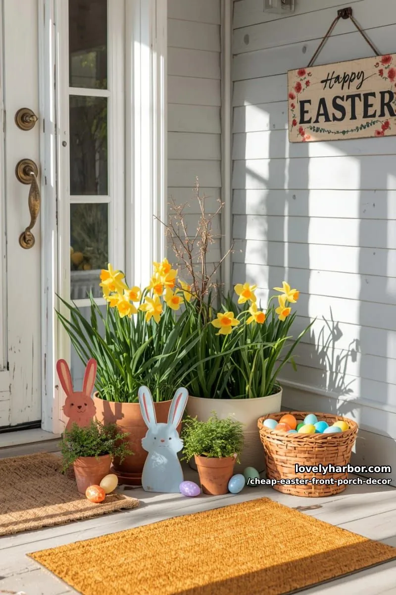 15 Cheap Easter Front Porch Decor Ideas On A Budget 5 dollar store bunny cutouts tucked into potted plants by the entryway 1
