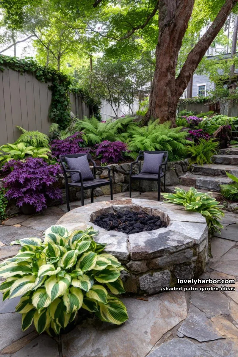 15 Dreamy Shaded Patio Garden Ideas to Inspire Your Backyard 12 dramatic purple and chartreuse foliage garden bordering a shaded fire pit 1