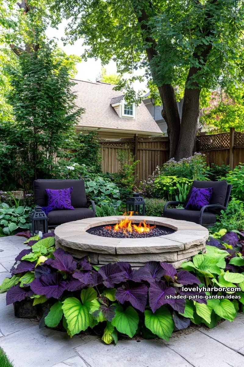 15 Dreamy Shaded Patio Garden Ideas to Inspire Your Backyard 13 dramatic purple and chartreuse foliage garden bordering a shaded fire pit 1