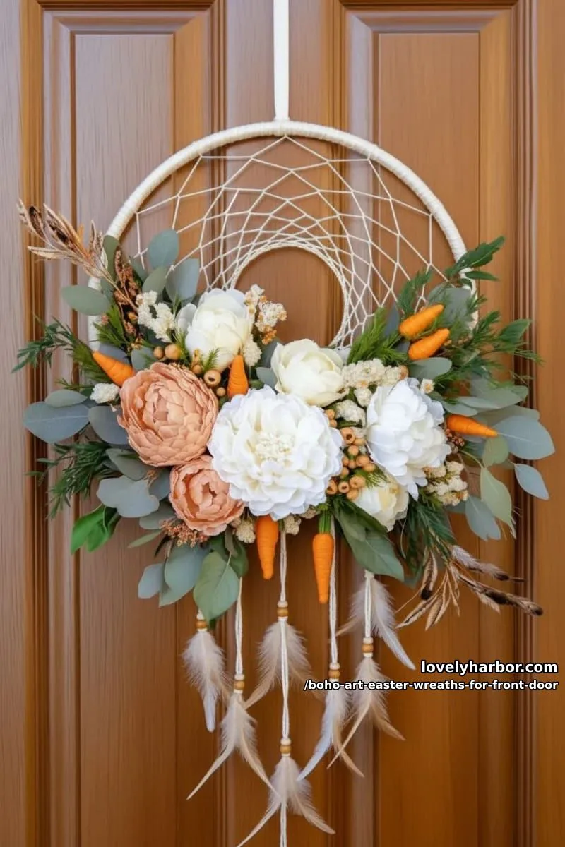 15 Boho Art Easter Wreaths for an Inviting Front Door 5 dreamcatcher-inspired hoop with macramé fringe, silk flowers, and mini carrots 1