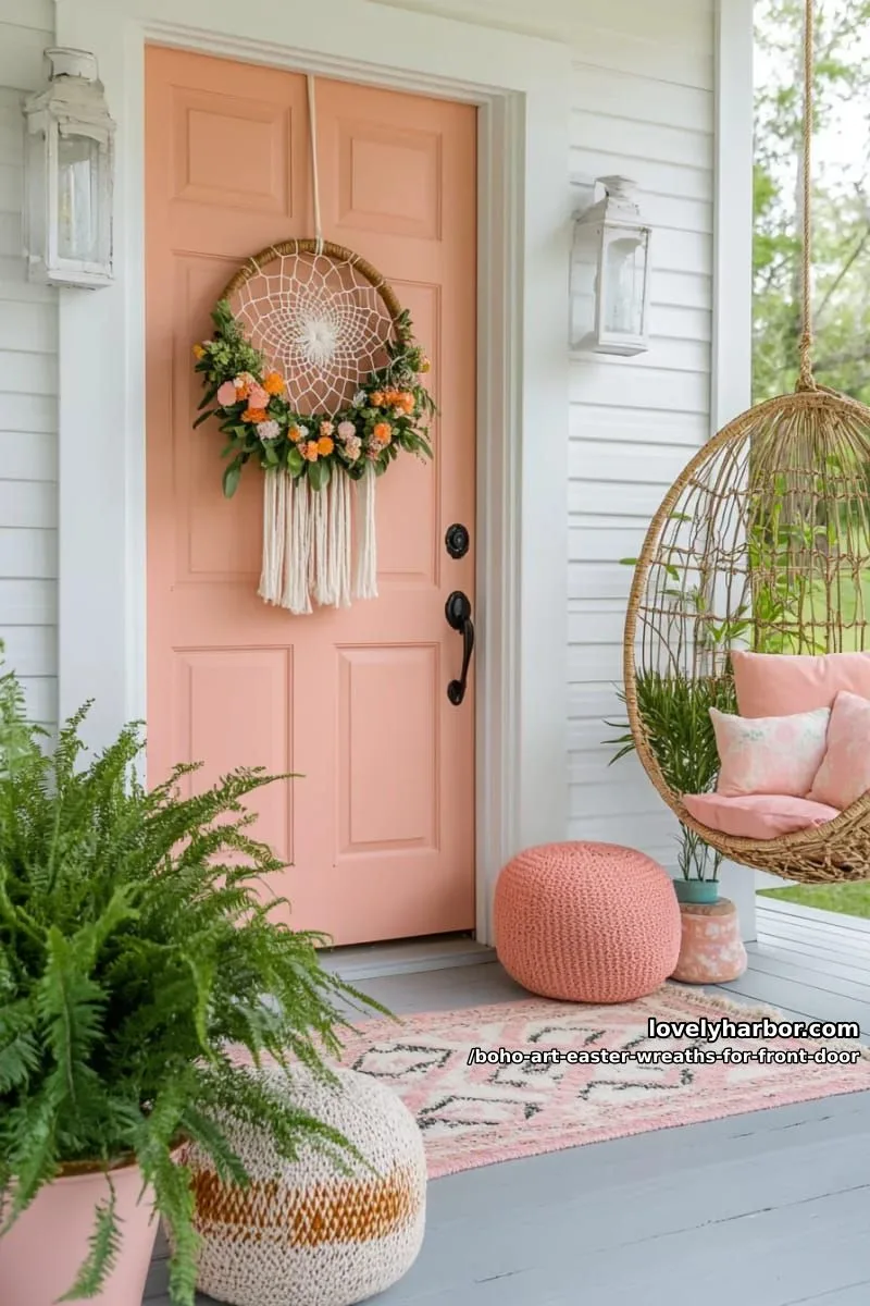 15 Boho Art Easter Wreaths for an Inviting Front Door 6 dreamcatcher-inspired hoop with macramé fringe, silk flowers, and mini carrots 1