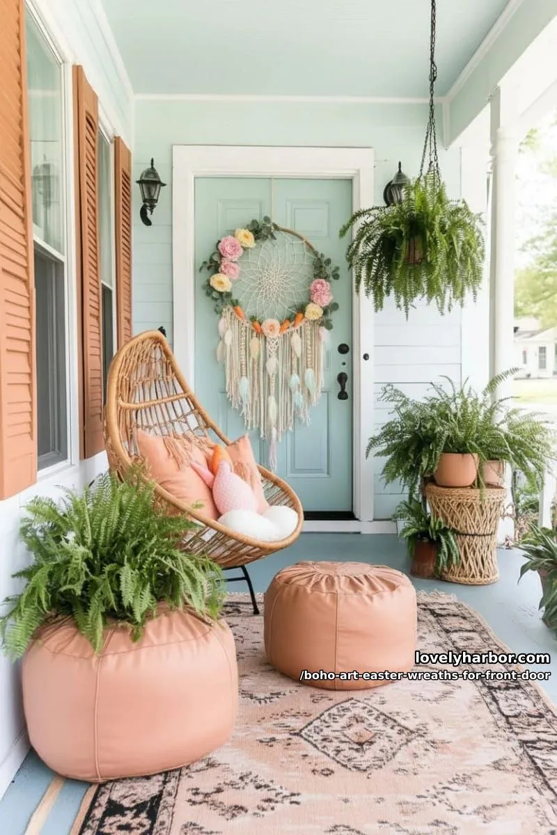 15 Boho Art Easter Wreaths for an Inviting Front Door 7 dreamcatcher-inspired hoop with macramé fringe, silk flowers, and mini carrots 1