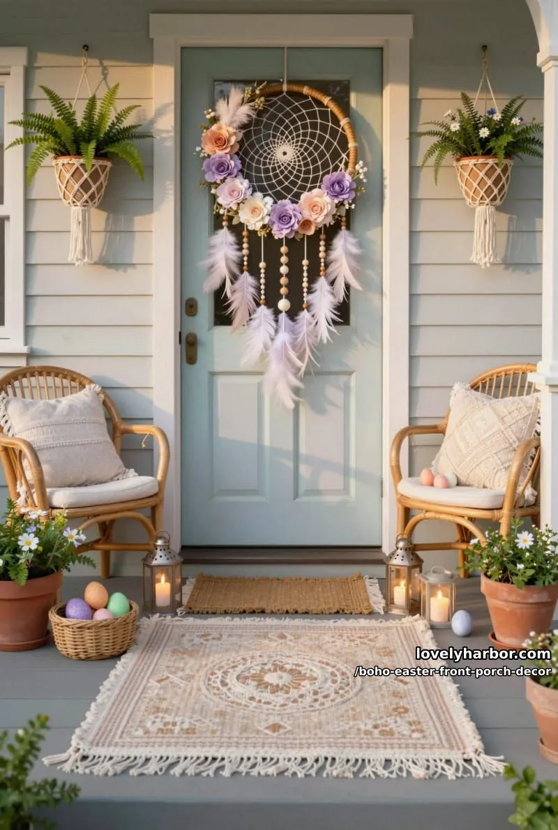 dreamcatcher wreath with soft feathers, wooden beads, and silk blossoms 1