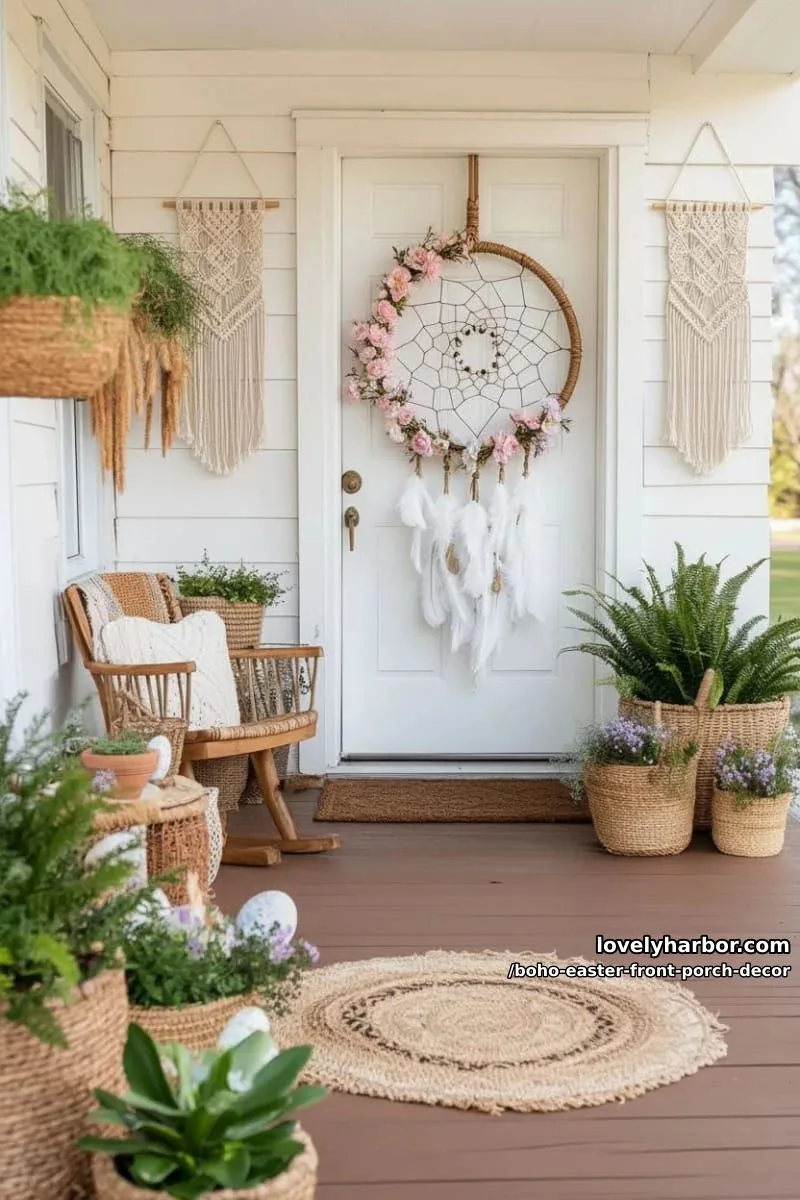 dreamcatcher wreath with soft feathers, wooden beads, and silk blossoms 1