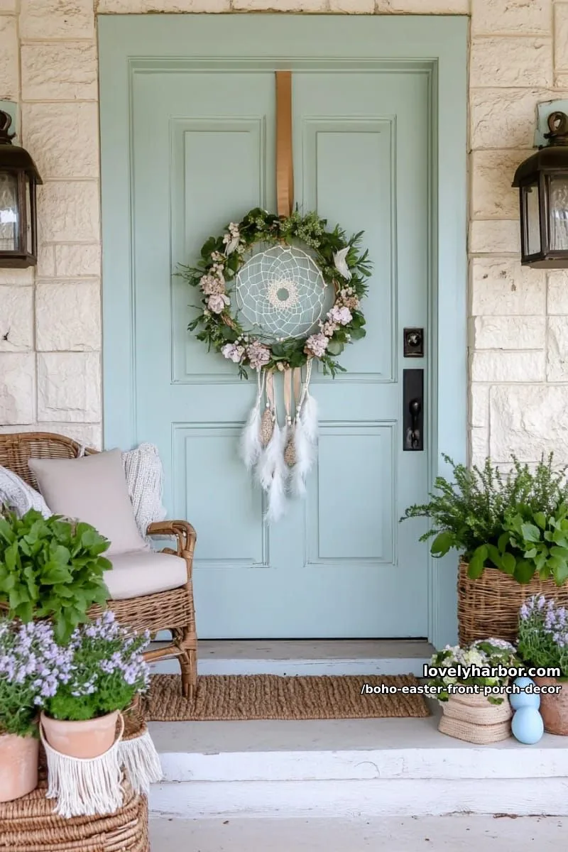 dreamcatcher wreath with soft feathers, wooden beads, and silk blossoms 1