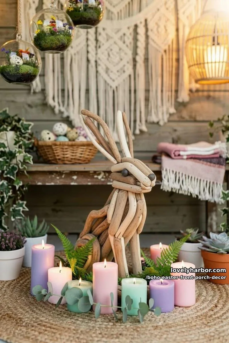 driftwood bunny sculpture surrounded by pastel candles and spring greenery 1