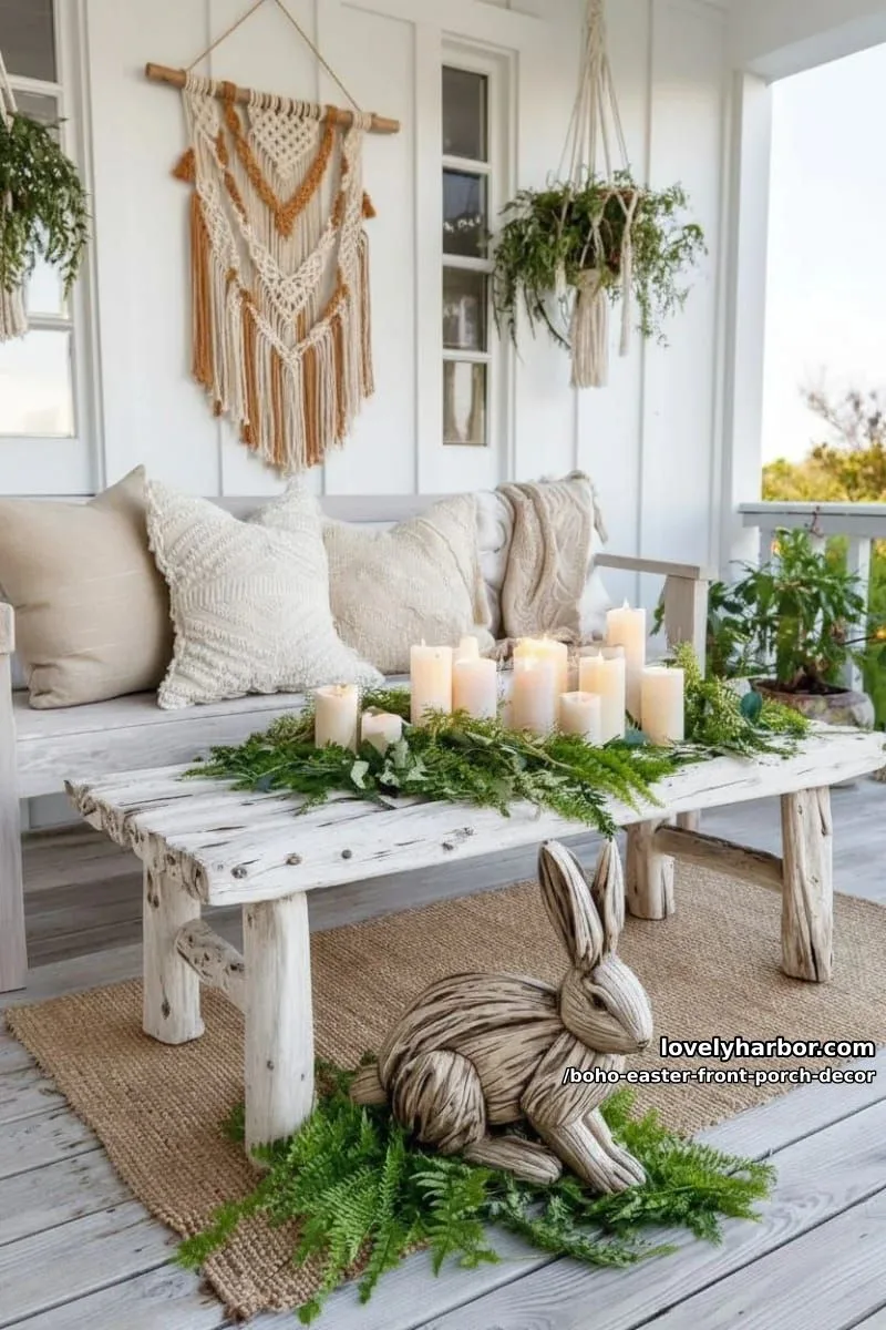 driftwood bunny sculpture surrounded by pastel candles and spring greenery 1