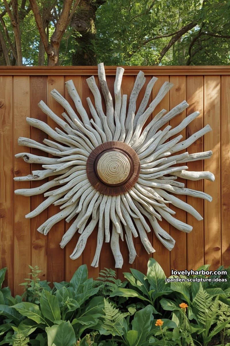 driftwood sunburst wall sculpture mounted on garden fence with plants below. 1