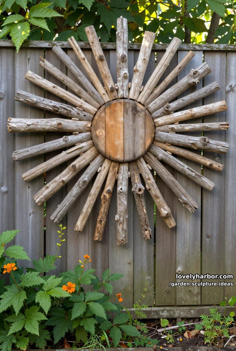 driftwood sunburst wall sculpture mounted on garden fence with plants below. 1