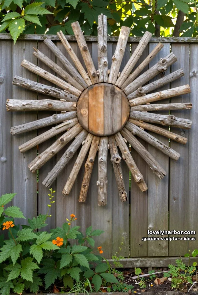 driftwood sunburst wall sculpture mounted on garden fence with plants below. 1