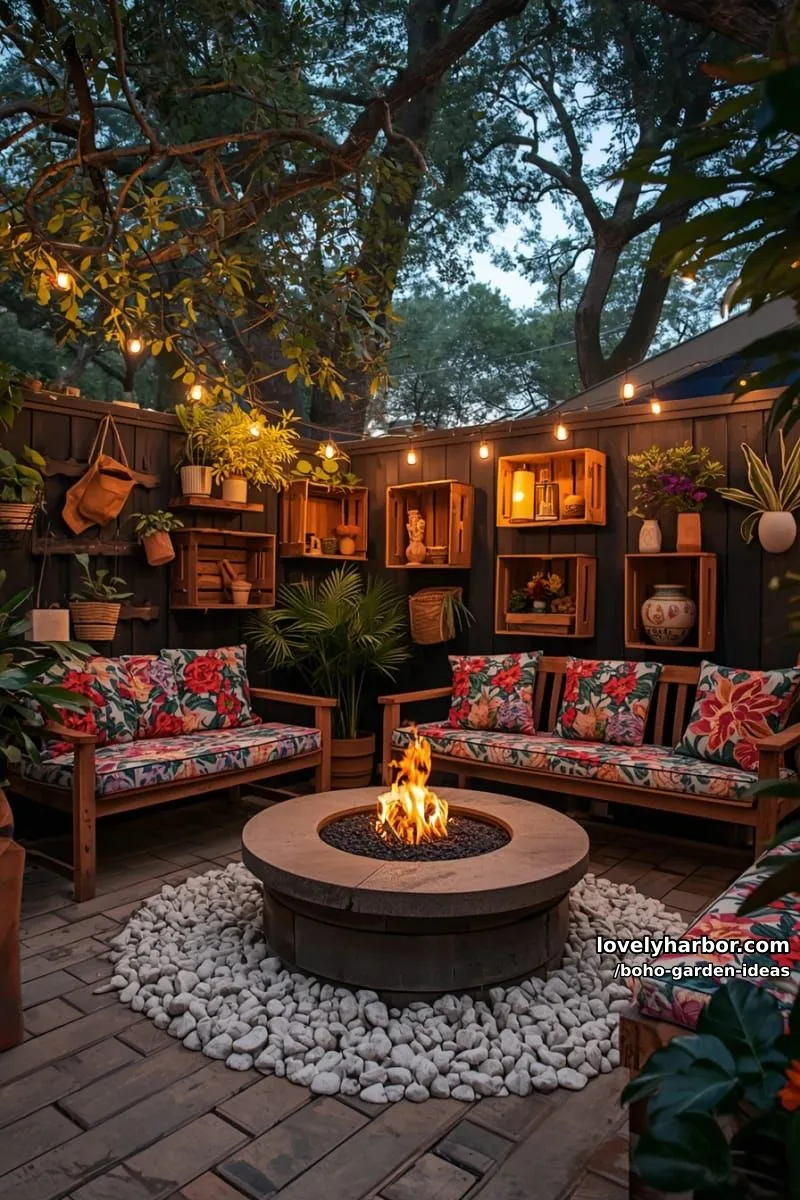 dusk patio with fire pit, wooden benches, colorful cushions, and string lights. 1