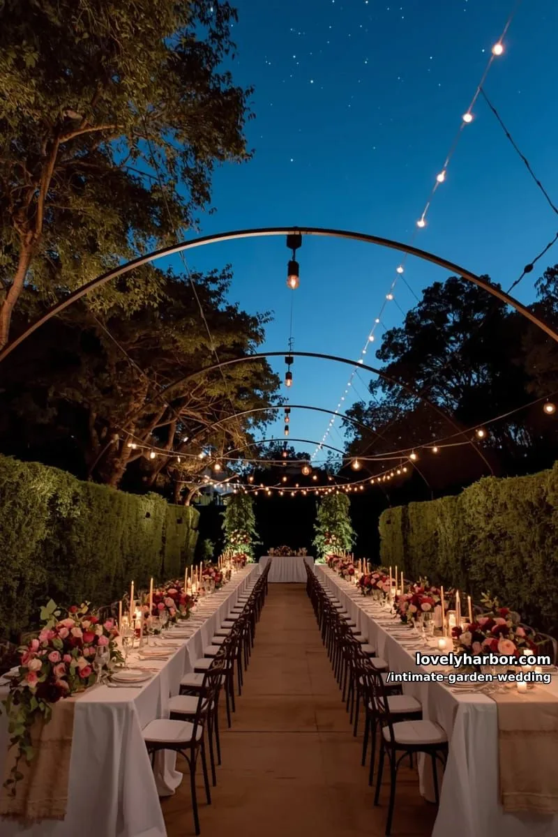 elegant outdoor wedding reception at dusk with glowing lights and lush florals 1