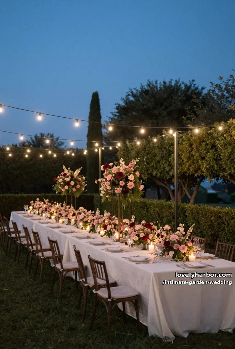 elegant outdoor wedding reception at dusk with glowing lights and lush florals 1